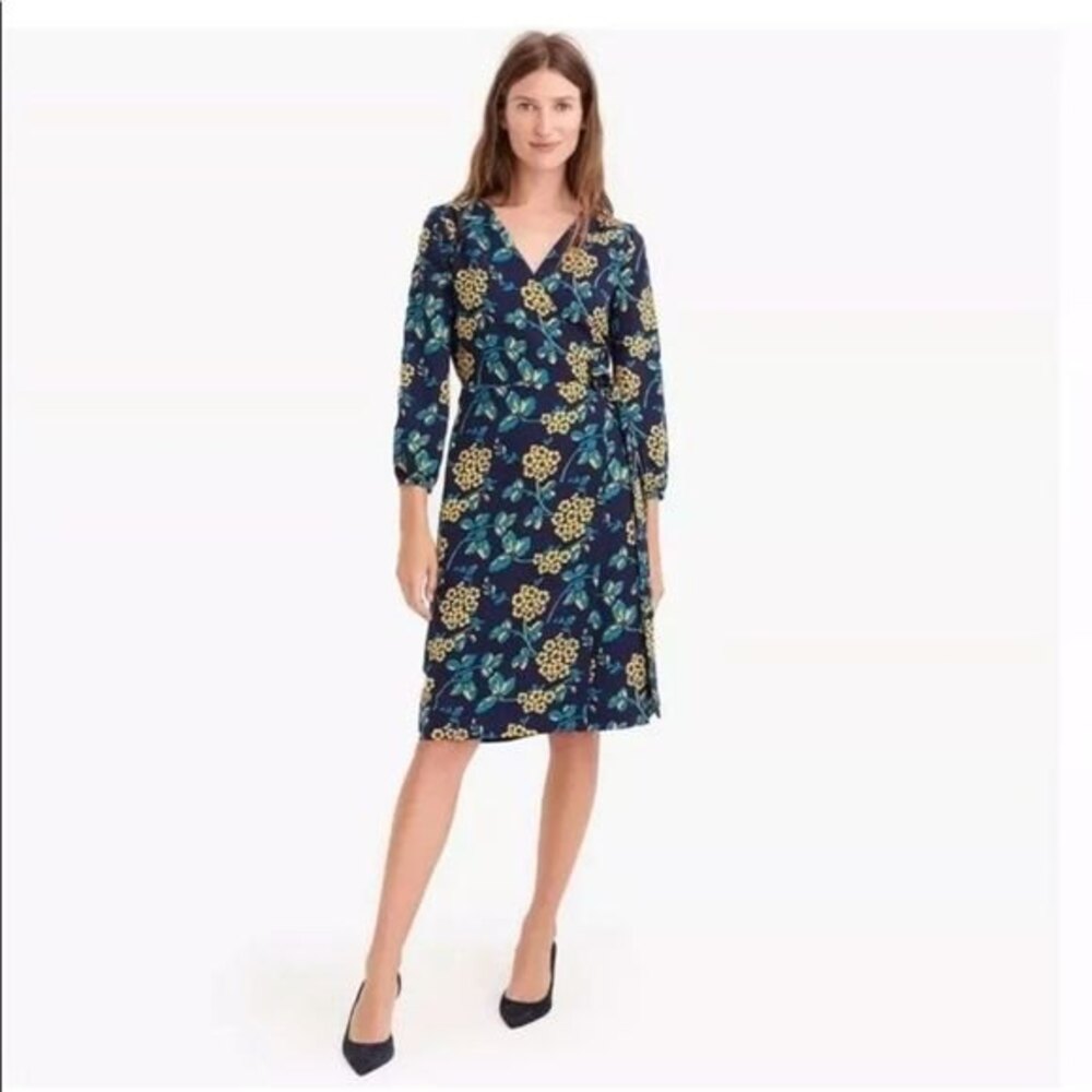 J Crew Navy Blue and Yellow Floral Wrap Dress Size 00